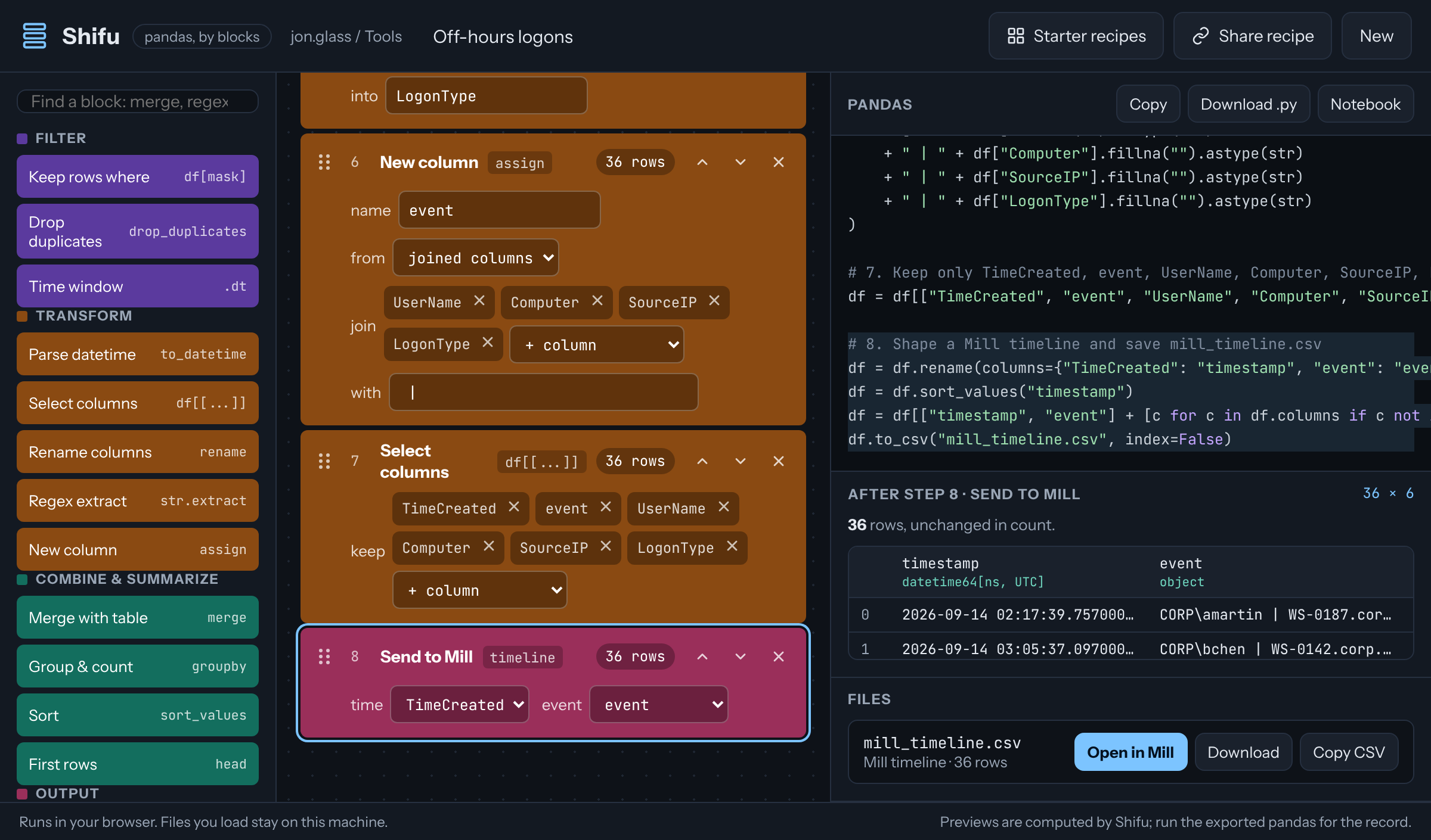 The end of the recipe and the generated code